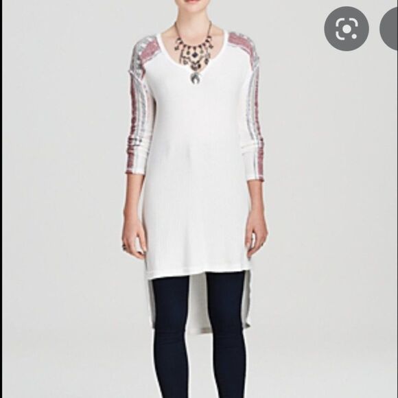 FREE PEOPLE Raw Edge Striped Thermal Long Sleeve Hi Low Tunic Top Shirt Sweater - Picture 2 of 9